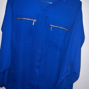 Blue Women's Button Up Top with Zipper Pockets